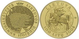 Lithuania 100 Litu, 2008, gold, 1000 years ... 