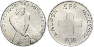 Schweiz 5 Franken,1939, Gedenkmünze Laupen ... 