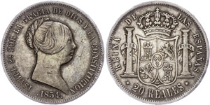 Spain 20 Real, 1854, Isabella II., Madrid, ... 