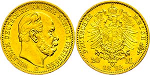 Prussia 20 Mark, 1872, C, Wilhelm I., small ... 