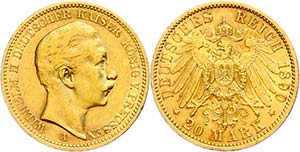 Prussia 20 Mark, 1890, Wilhelm II., small ... 