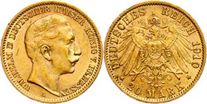 Preußen Goldmünzen 20 Mark, 1910, Wilhelm ... 