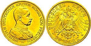 Prussia 20 Mark, 1914, Wilhelm II., small ... 