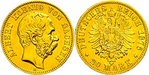 Sachsen 20 Mark, 1876, Albert, kl. Rf., ss., ... 