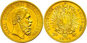 Württemberg 20 Mark, 1872, Karl, aversum ... 