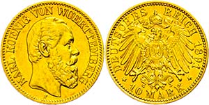 Württemberg 10 Mark, 1891, Karl, aversum ... 