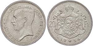 Belgien 20 Francs, 1934, Albert I., Der ... 
