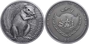 Palau 5 Dollars, 2013, gray squirrel, 1 oz ... 