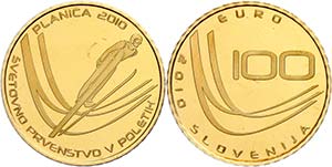 Slovenia 100 Euro, Gold, 2010, ski-flying ... 