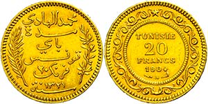 Coins Tunesia 20 Franc, Gold, 1904, Ali by, ... 