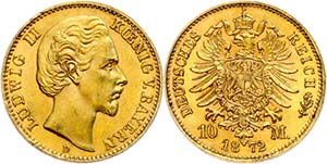 Bavaria 10 Mark, 1872, Ludwig II., small ... 