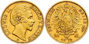 Bavaria 20 Mark, 1872, Ludwig II., stroke ... 