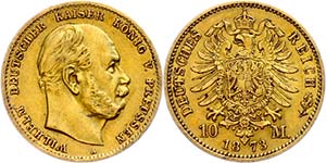 Prussia 10 Mark, 1873, Wilhelm I., Mzz A, ... 