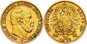 Prussia 20 Mark, 1873, Wilhelm I., Mzz B, ... 
