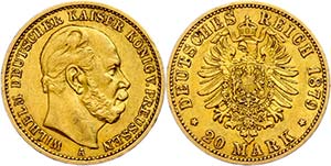 Prussia 20 Mark, 1879, Wilhelm I., very ... 