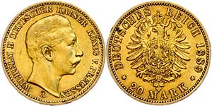 Prussia 20 Mark, 1889, Wilhelm II., very ... 