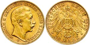 Prussia 20 Mark, 1909, Wilhelm II., Mzz J, ... 