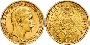 Prussia 20 Mark, 1906, Wilhelm II., Mzz A, ... 