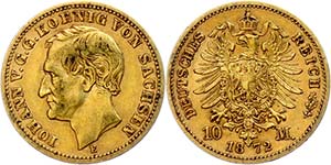 Saxony 10 Mark, 1872, Johann, very fine., ... 