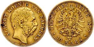 Saxony 10 Mark, 1877, Albert, small edge ... 