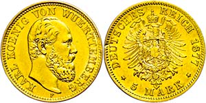 Württemberg 5 Mark, 1877, Karl, Kratzer auf ... 
