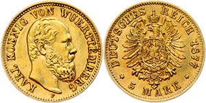 Württemberg 5 Mark, 1877, Karl, very fine., ... 