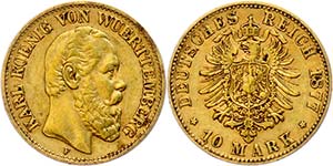 Württemberg 10 Mark, 1877, Karl, very ... 