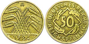 Coins Weimar Republic 50 Reichs penny, 1924, ... 