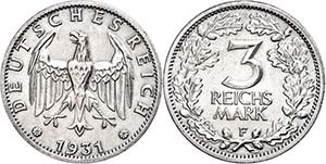 Münzen Weimar 3 Reichsmark, 1931, F, kl. ... 