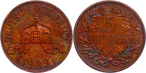 Coins German Colonies DOA, 5 Heller, 1909, ... 