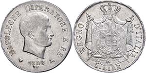 Italien 5 Lire, 1808, Mailand, Napoleon, ... 