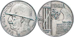 Italy 20 liras, silver, 1928, Vittorio ... 
