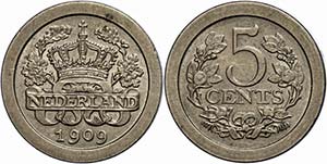 Niederlande 5 Cent, 1909, Wilhelmina, ... 