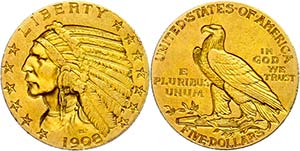 Coins USA 5 Dollars, Gold, 1908, Indian ... 