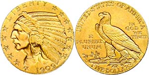 USA 5 Dollars, Gold, 1909, Indian Head, Mzz ... 