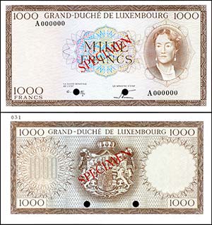 Test Banknotes and Essays Luxembourg, 1000 ... 