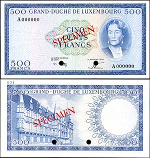 Test Banknotes and Essays Luxembourg, 500 ... 