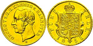 Hannover 5 Taler, Gold, 1853, Georg V., AKS ... 