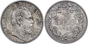 Württemberg 1/2 Gulden, 1868, Karl, AKS ... 