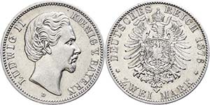 Bavaria 2 Mark, 1876, Ludwig II., tiny edge ... 