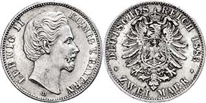 Bavaria 2 Mark, 1883, Ludwig II., tiny edge ... 