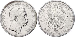 Hesse 5 Mark, 1875, Ludwig III., small edge ... 