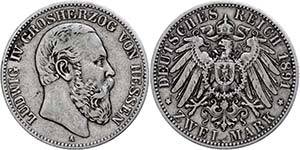 Hesse 2 Mark, 1891, Ludwig IV., very fine, ... 