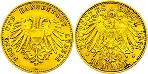 Lübeck 10 Mark, 1901, f. Extremley fine, ... 