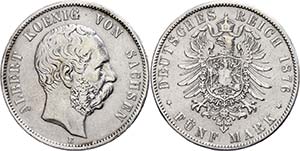 Saxony 5 Mark, 1876, Albert, Mzz E, scratch, ... 