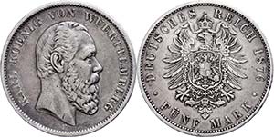 Württemberg 5 Mark, 1876, Karl 1864-1891, ... 