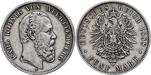 Württemberg 5 Mark, 1888, Karl, kl. Rf., ... 