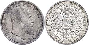 Württemberg 2 Mark, 1914, Wilhelm II., wz. ... 