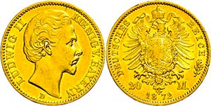 Bayern 20 Mark, 1872, Ludwig II., wz. Rf., ... 