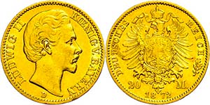 Bayern 20 Mark, 1872, Ludwig II., wz. Rf., ... 